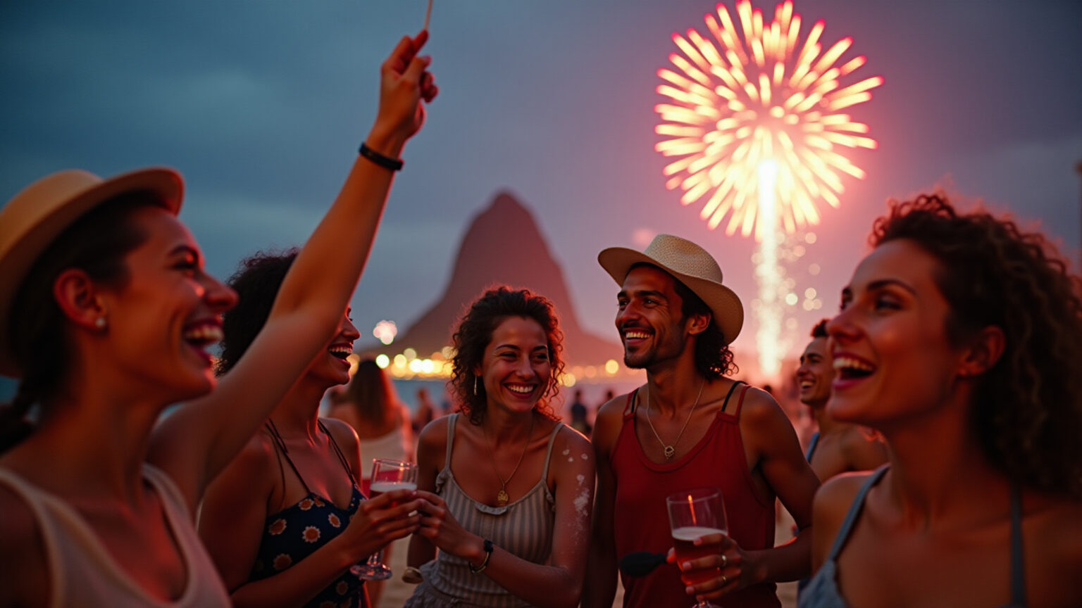 Réveillon no Rio de Janeiro 2026: como aproveitar sem gastar muito Adultos brasileiros sorrindo e celebrando o Réveillon em Copacabana, Rio de Janeiro, com fogos de artifício.
