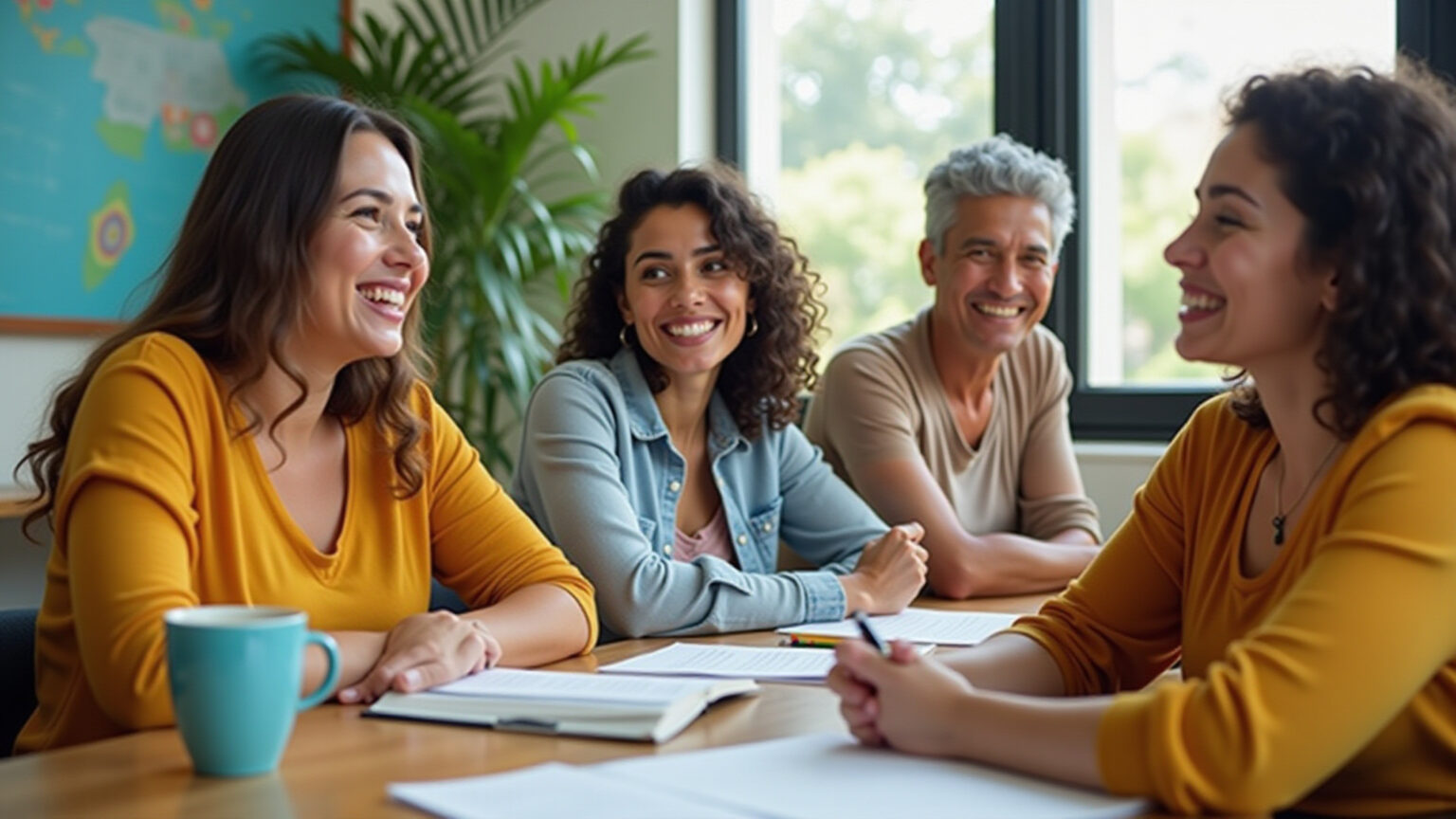 Cursos de inglês: qual o melhor para você? Adultos brasileiros diversos sorrindo e aprendendo inglês em um ambiente vibrante.